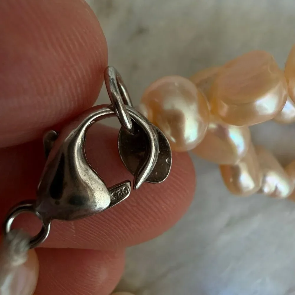 Vintage Freshwater Peach  Pearl Triple Strand Necklace Sterling Silver 925 clasp